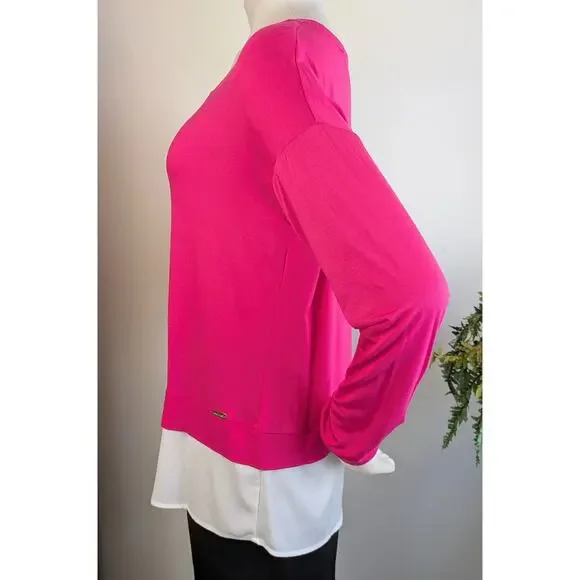 Calvin Klein Tunic Top Medium Hot Pink White Colorblock Layered Flowy NEW - Picture 4 of 9